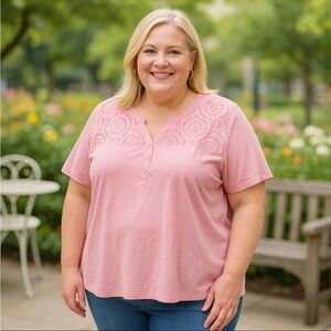 Liz Claiborne Womens Plus 3X Pink Eyelet Top Short Sleeve Blouse Casual Feminine